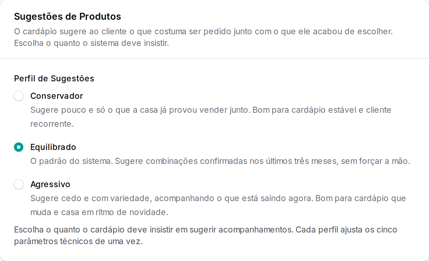 Tela real do painel, Sugestões de produtos: perfil de sugestões Conservador, Equilibrado (marcado) ou Agressivo